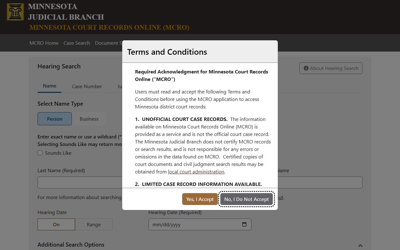 Becker County court dockets MCRO hearing search interface
