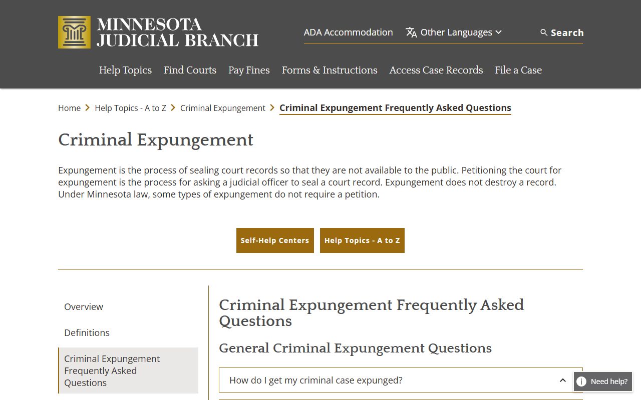 Minnesota Judicial Branch criminal expungement guidance