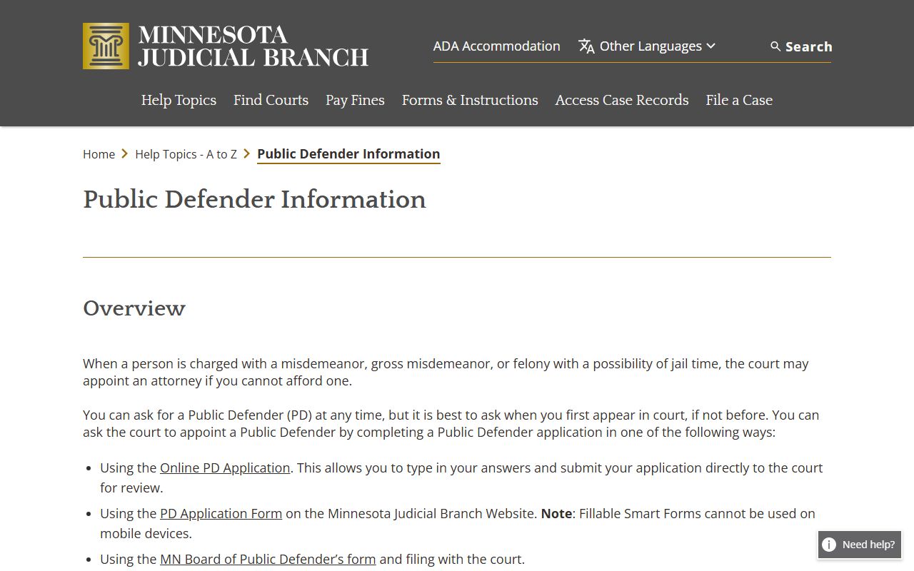 Minnesota Judicial Branch public defender application guidance