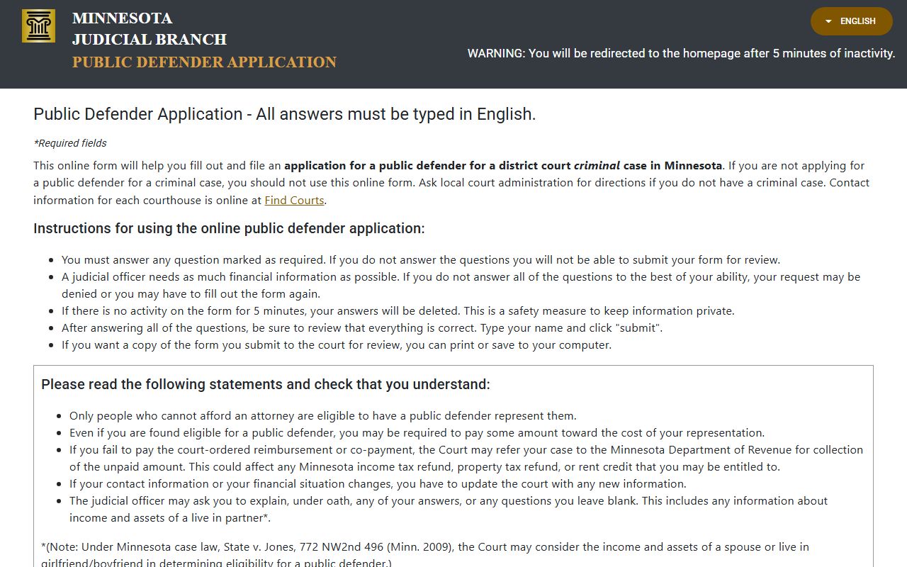 Minnesota online public defender application for district court criminal cases