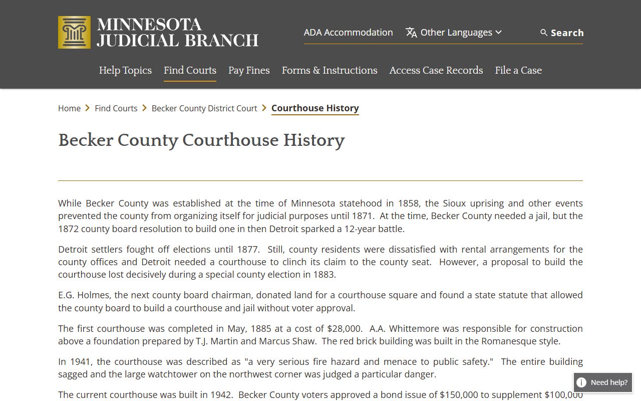 Becker County courthouse history for court records research