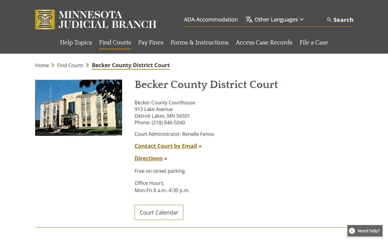 Becker County court records on the Minnesota Judicial Branch District Court page